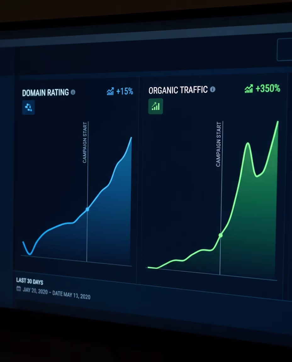 Domain Rating and organic traffic graphs climbing after a link-building campaign