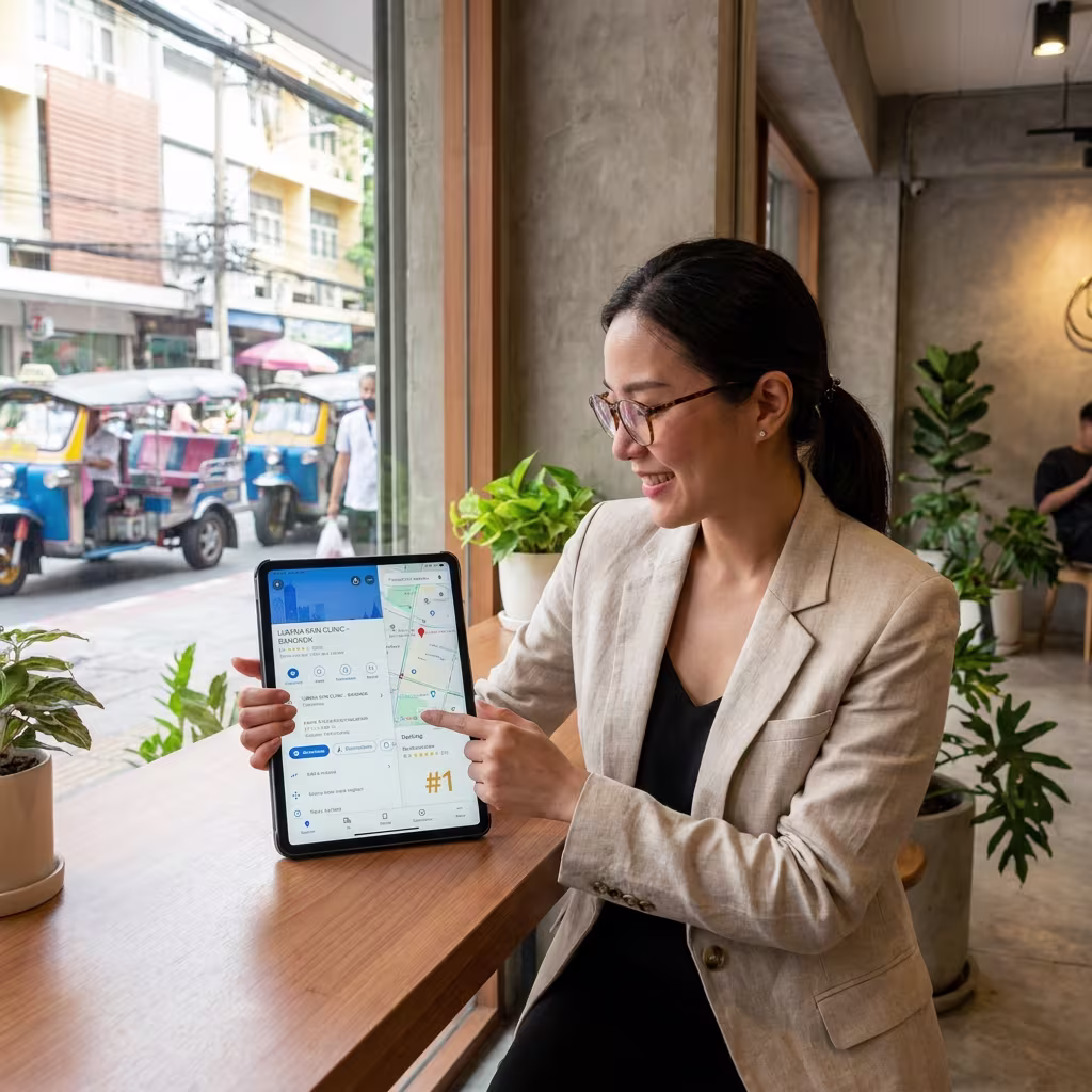 Bangkok shop owner checking their Google Maps ranking on a tablet at the counter